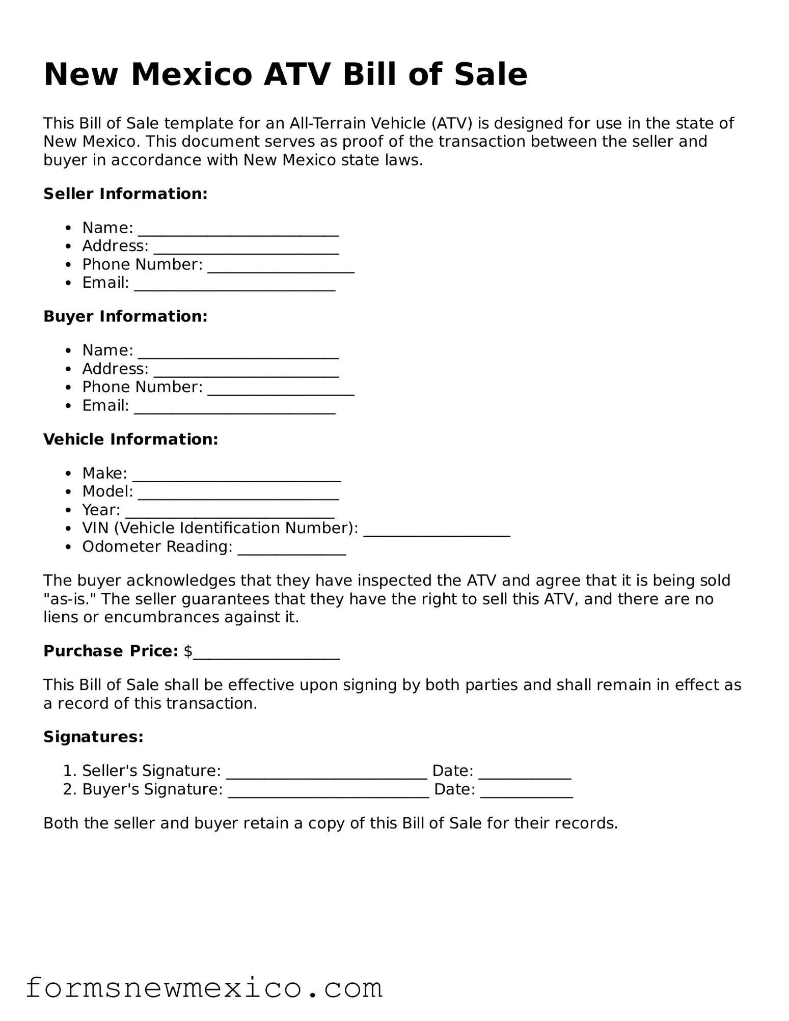Attorney-Approved ATV Bill of Sale Form for New Mexico State