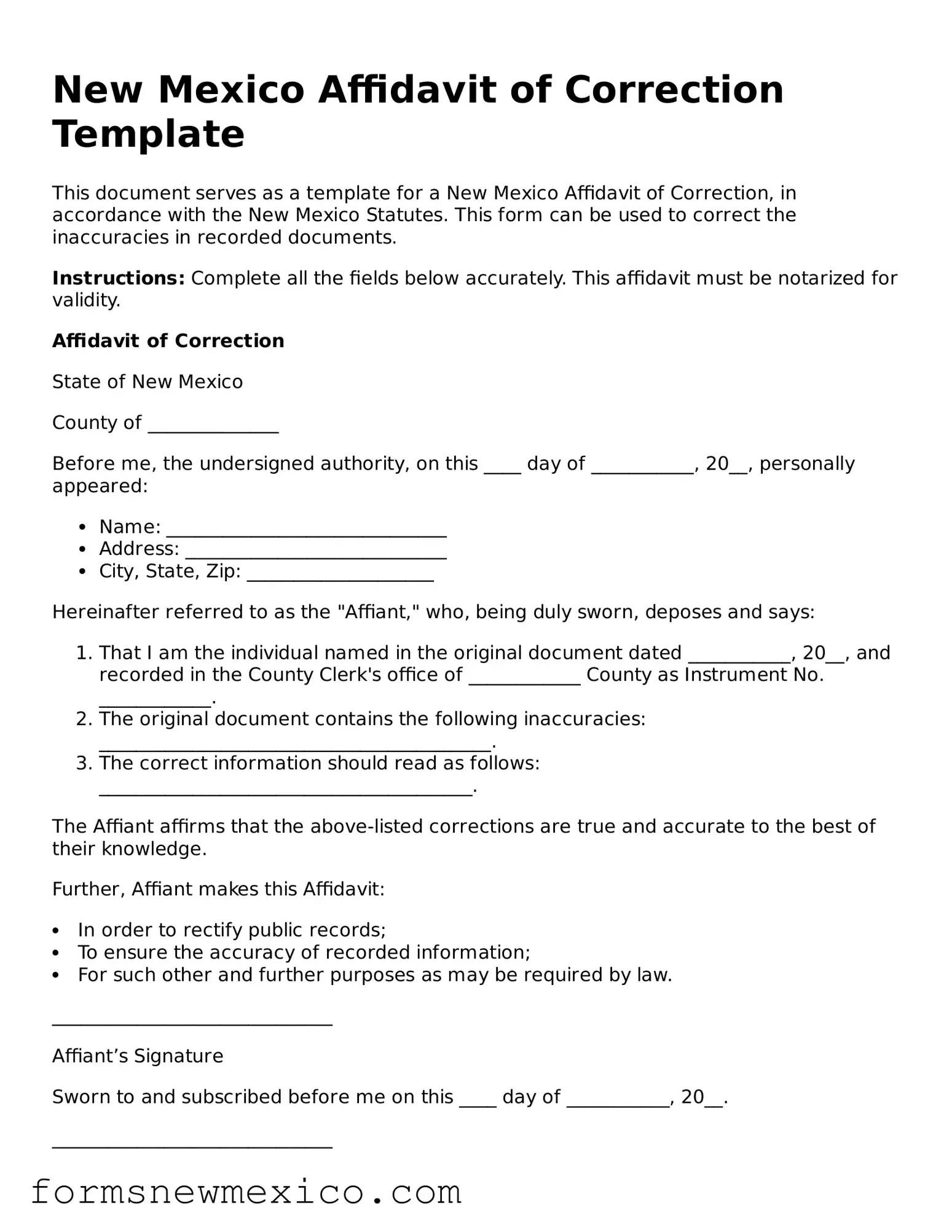Attorney-Approved Affidavit of Correction Form for New Mexico State