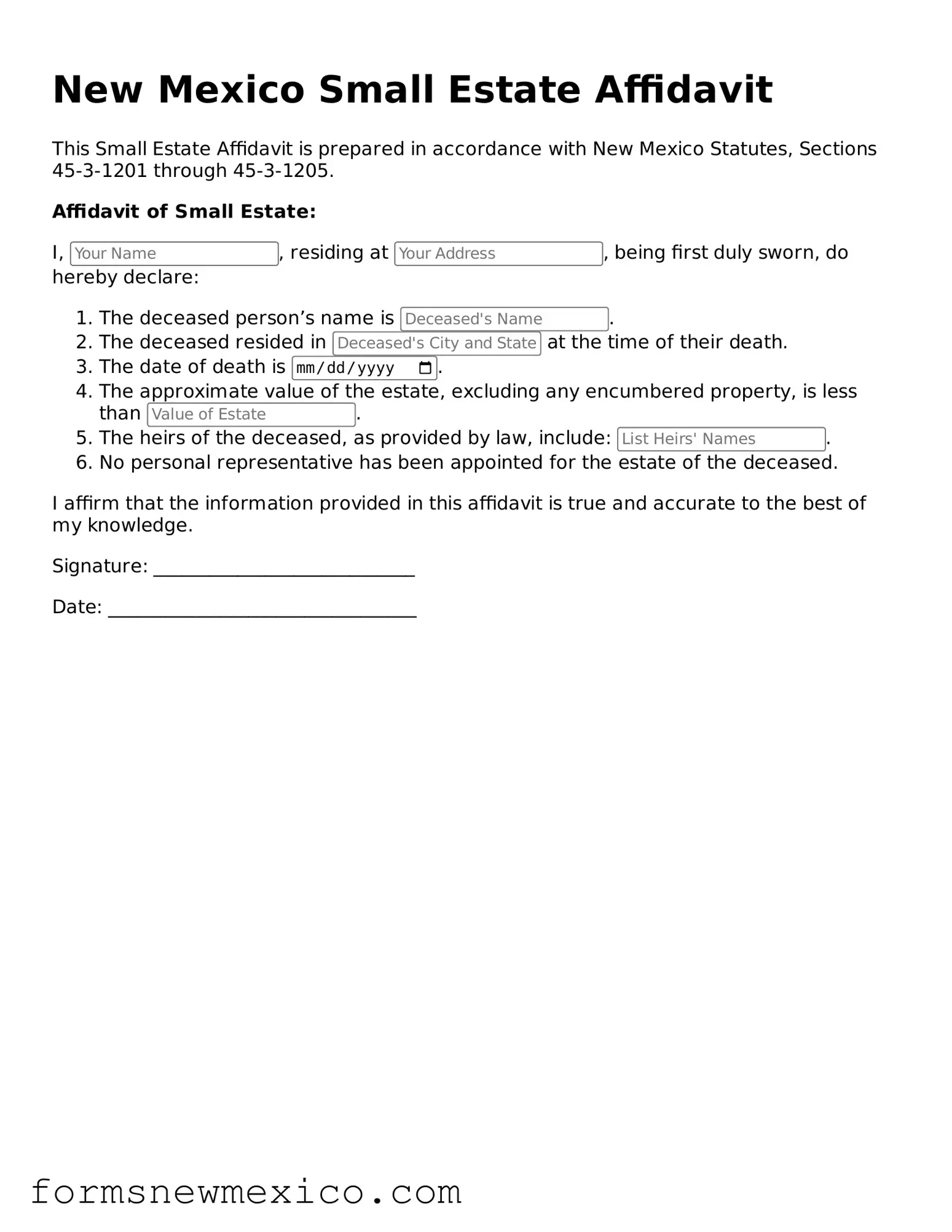 Attorney-Approved Small Estate Affidavit Form for New Mexico State
