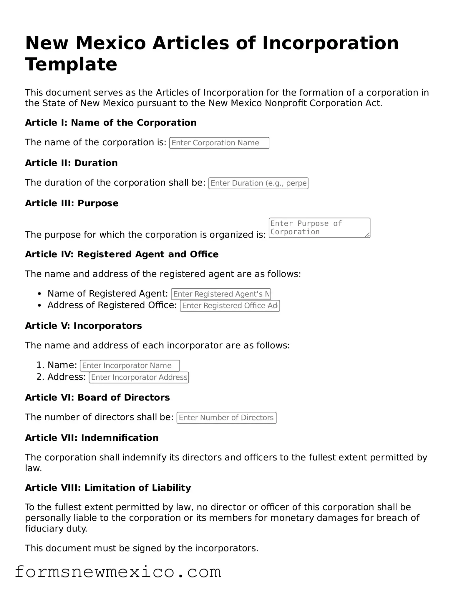 Attorney-Approved Articles of Incorporation Form for New Mexico State