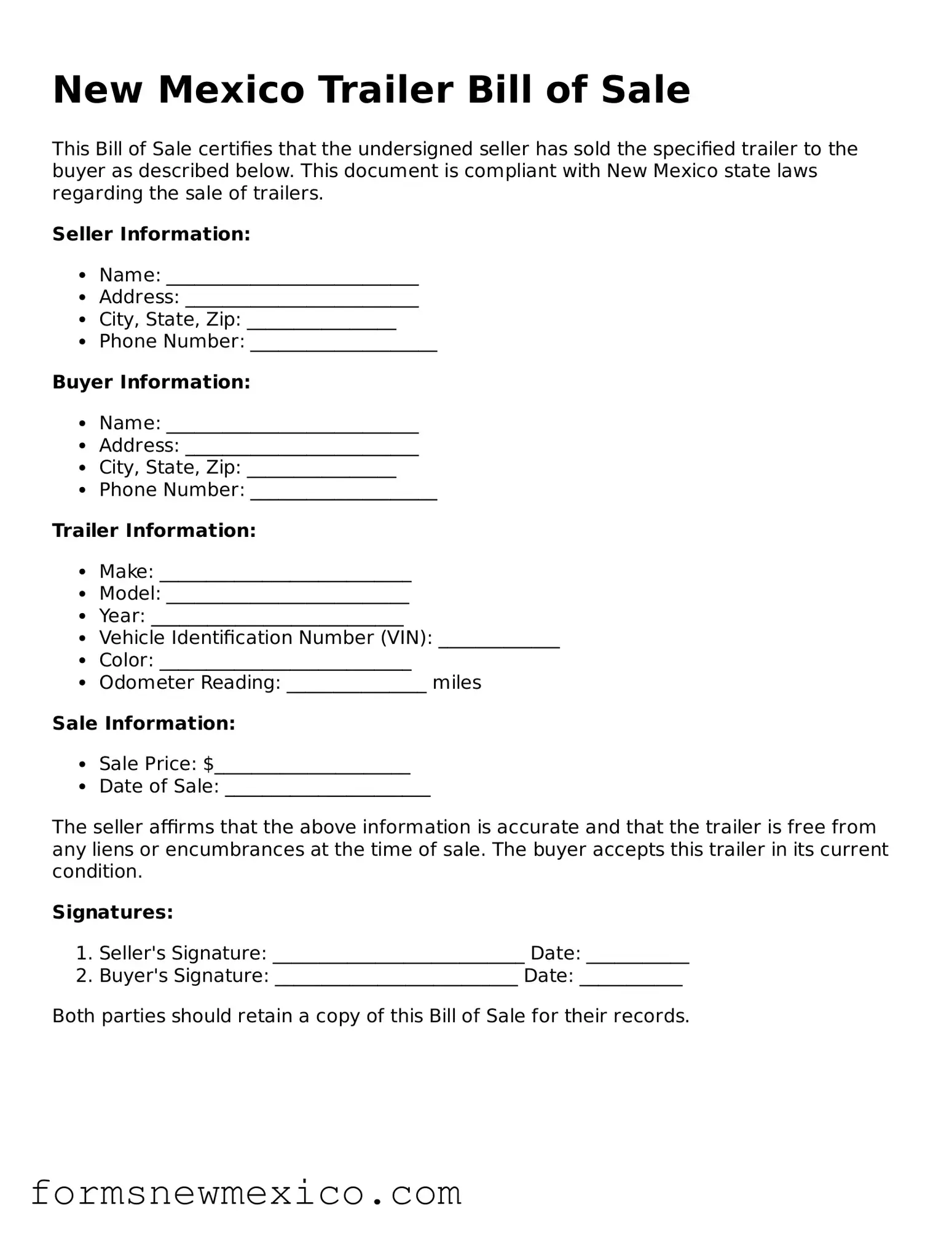 Attorney-Approved Trailer Bill of Sale Form for New Mexico State
