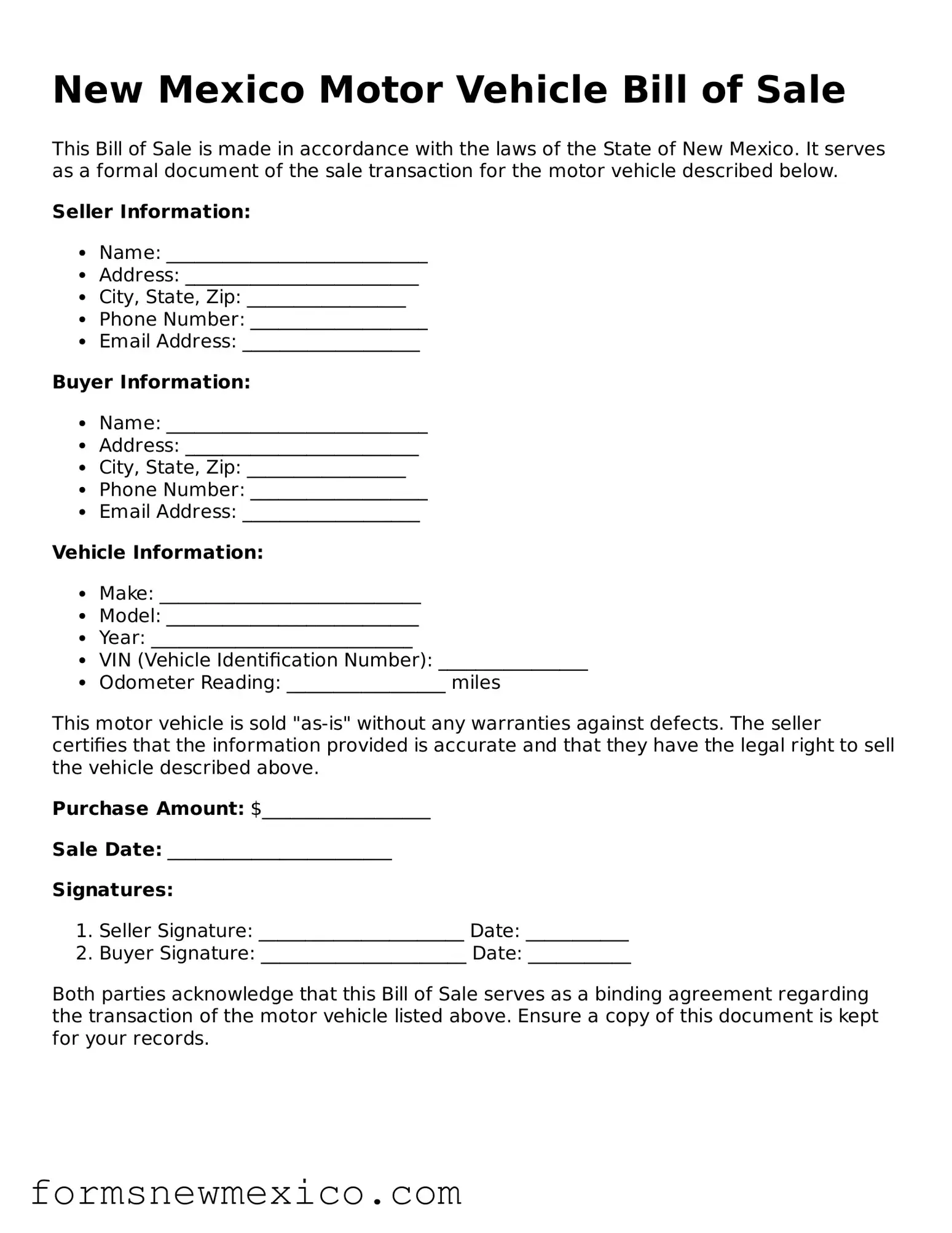 Attorney-Approved Motor Vehicle Bill of Sale Form for New Mexico State