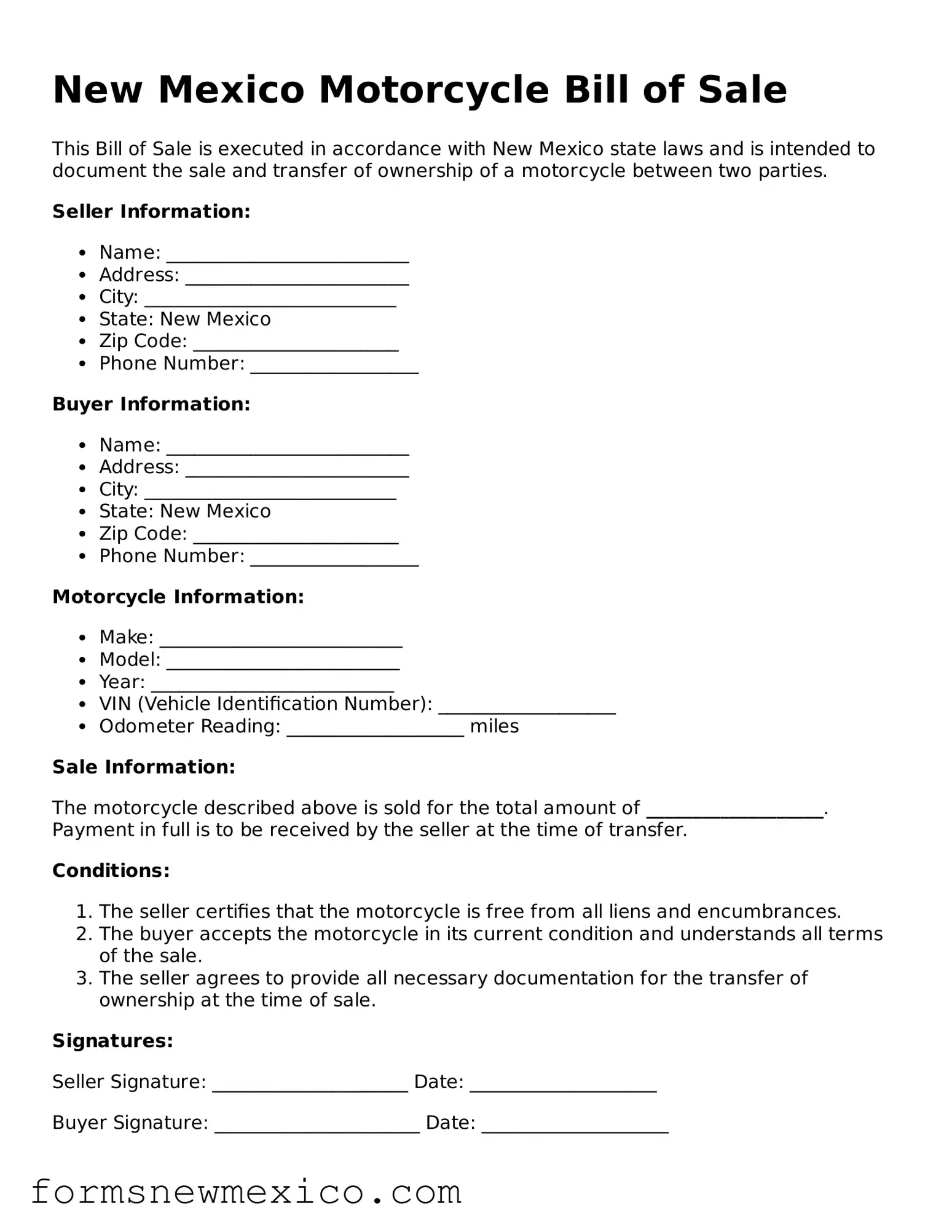 Attorney-Approved Motorcycle Bill of Sale Form for New Mexico State