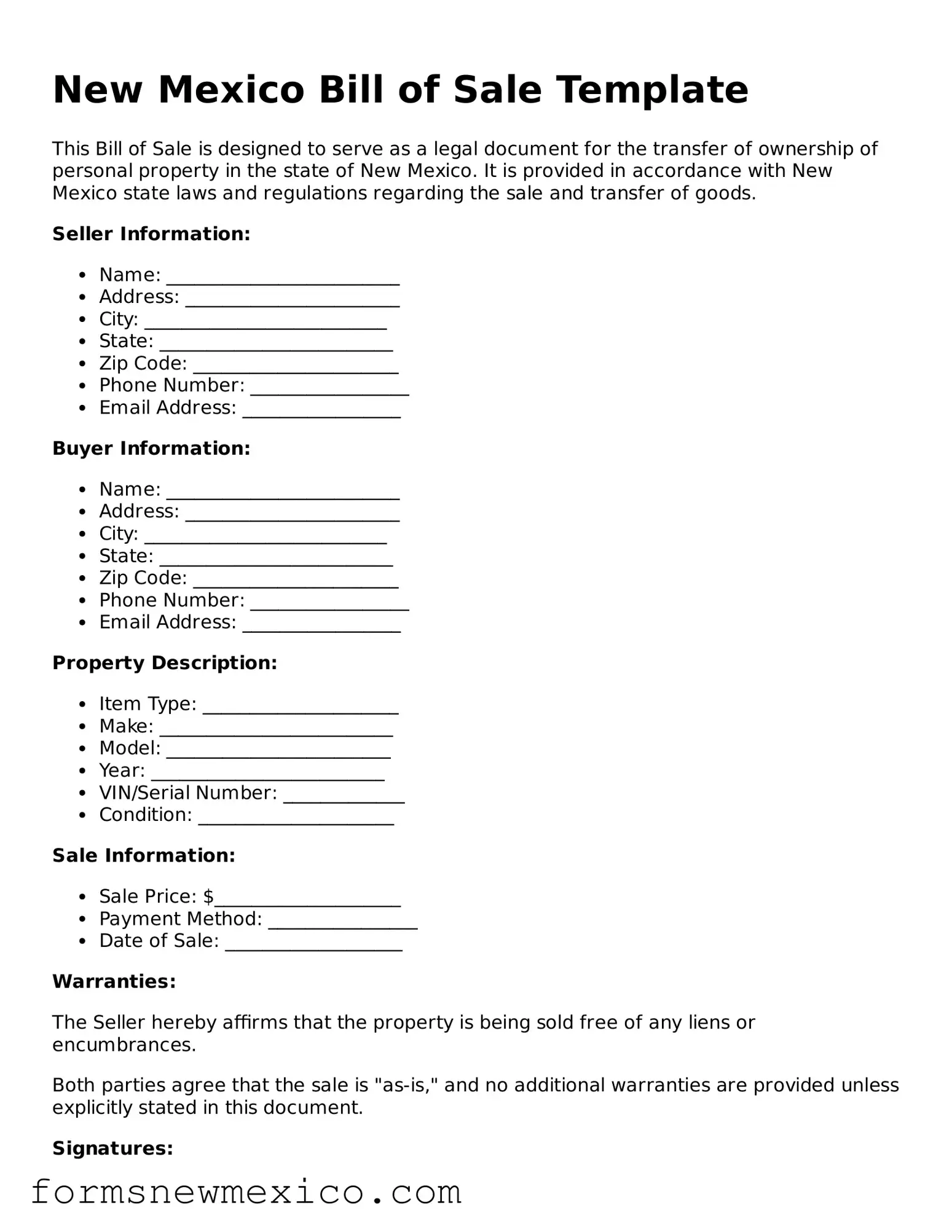 Attorney-Approved Bill of Sale Form for New Mexico State