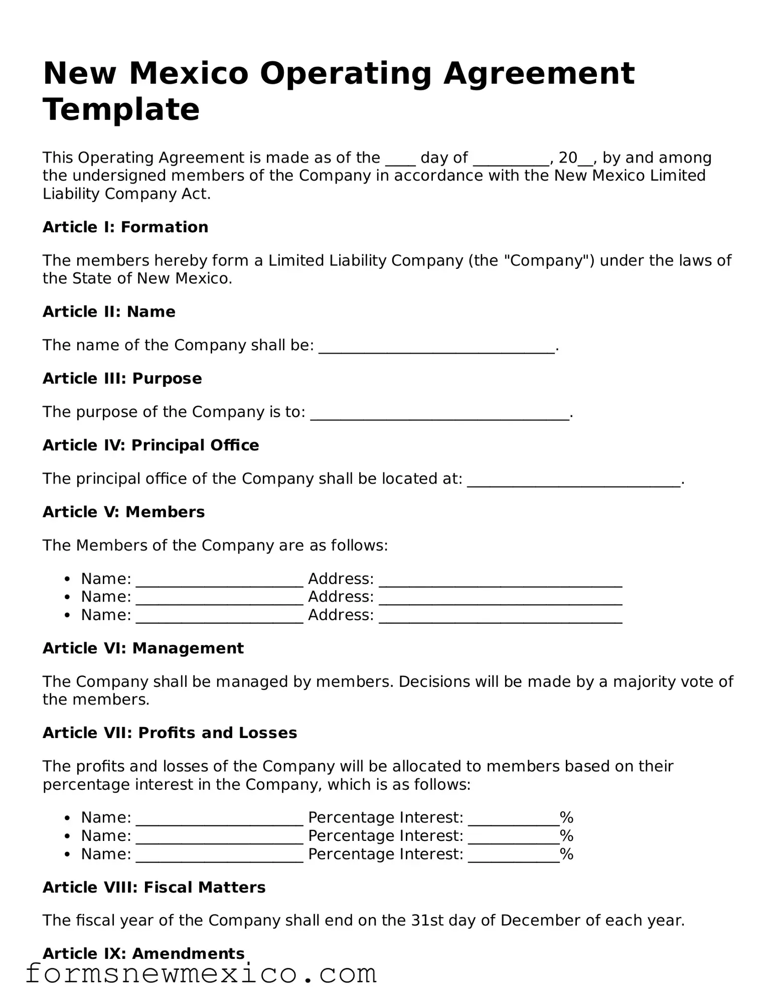 Attorney-Approved Operating Agreement Form for New Mexico State