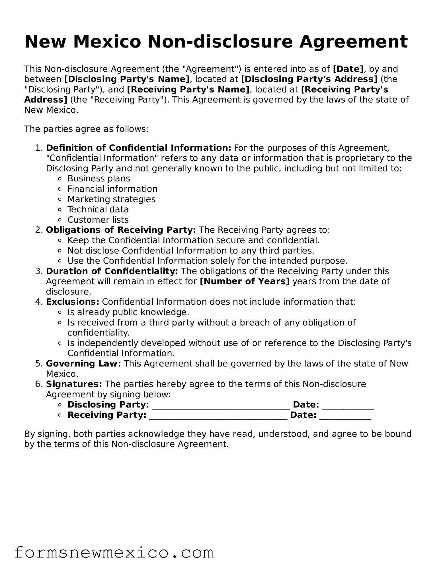 Attorney-Approved Non-disclosure Agreement Form for New Mexico State