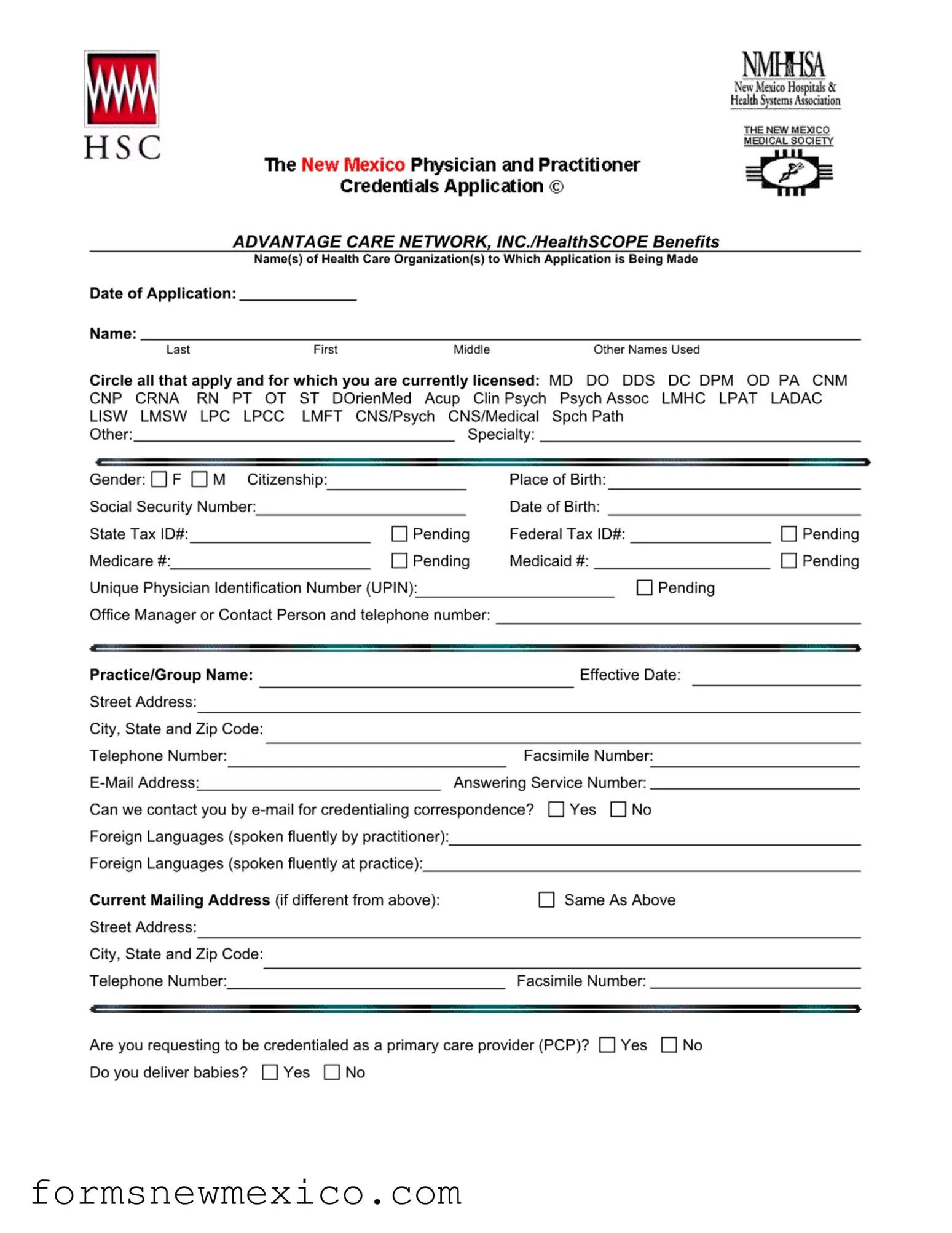 Free New Mexico Credentialing Application Form