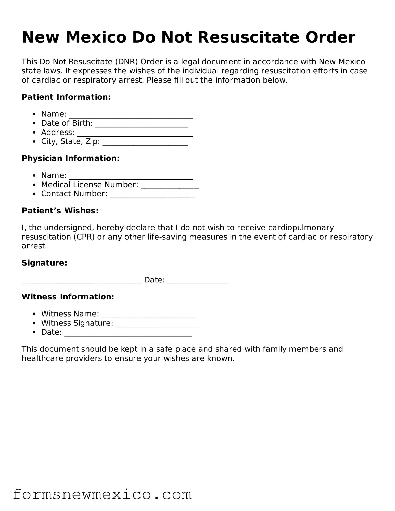 Attorney-Approved Do Not Resuscitate Order Form for New Mexico State