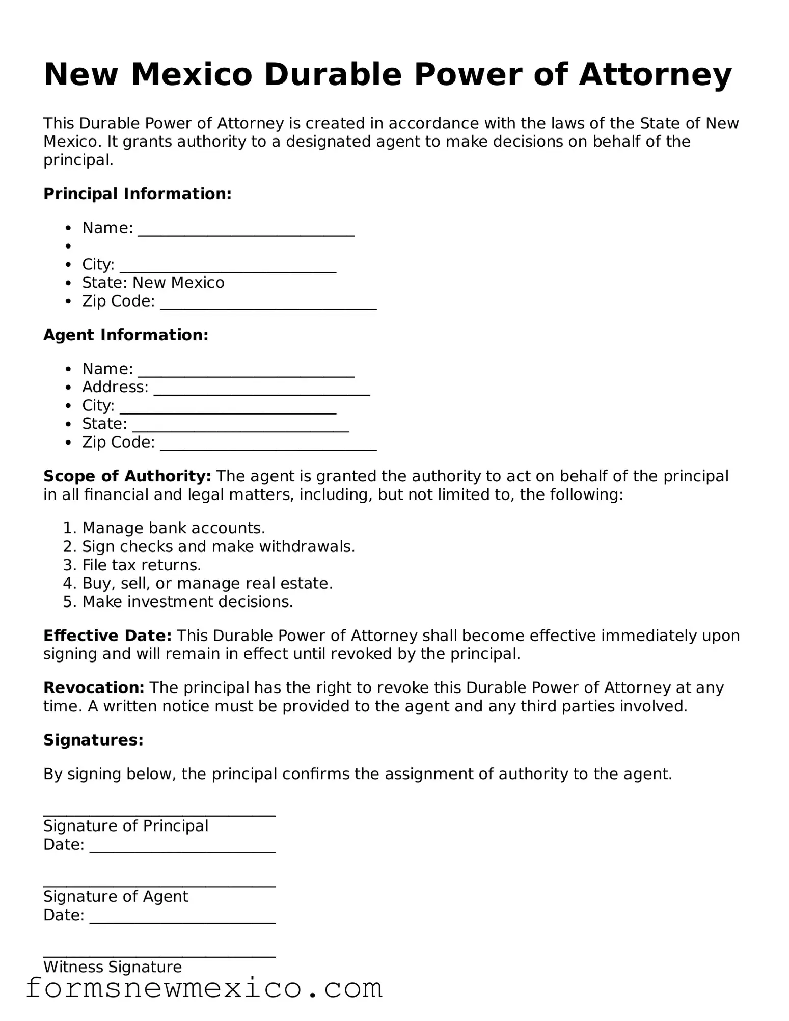 Attorney-Approved Durable Power of Attorney Form for New Mexico State