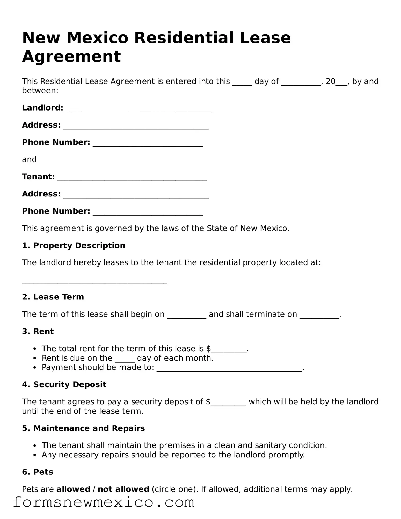 Attorney-Approved Residential Lease Agreement Form for New Mexico State