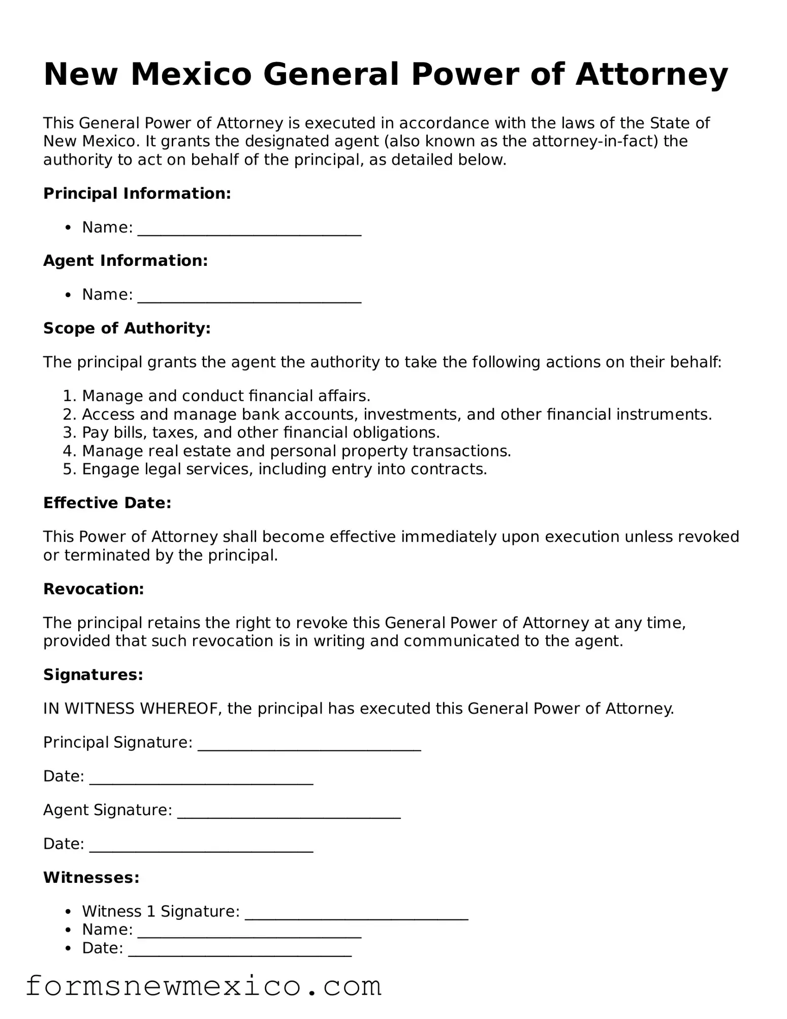 Attorney-Approved General Power of Attorney Form for New Mexico State