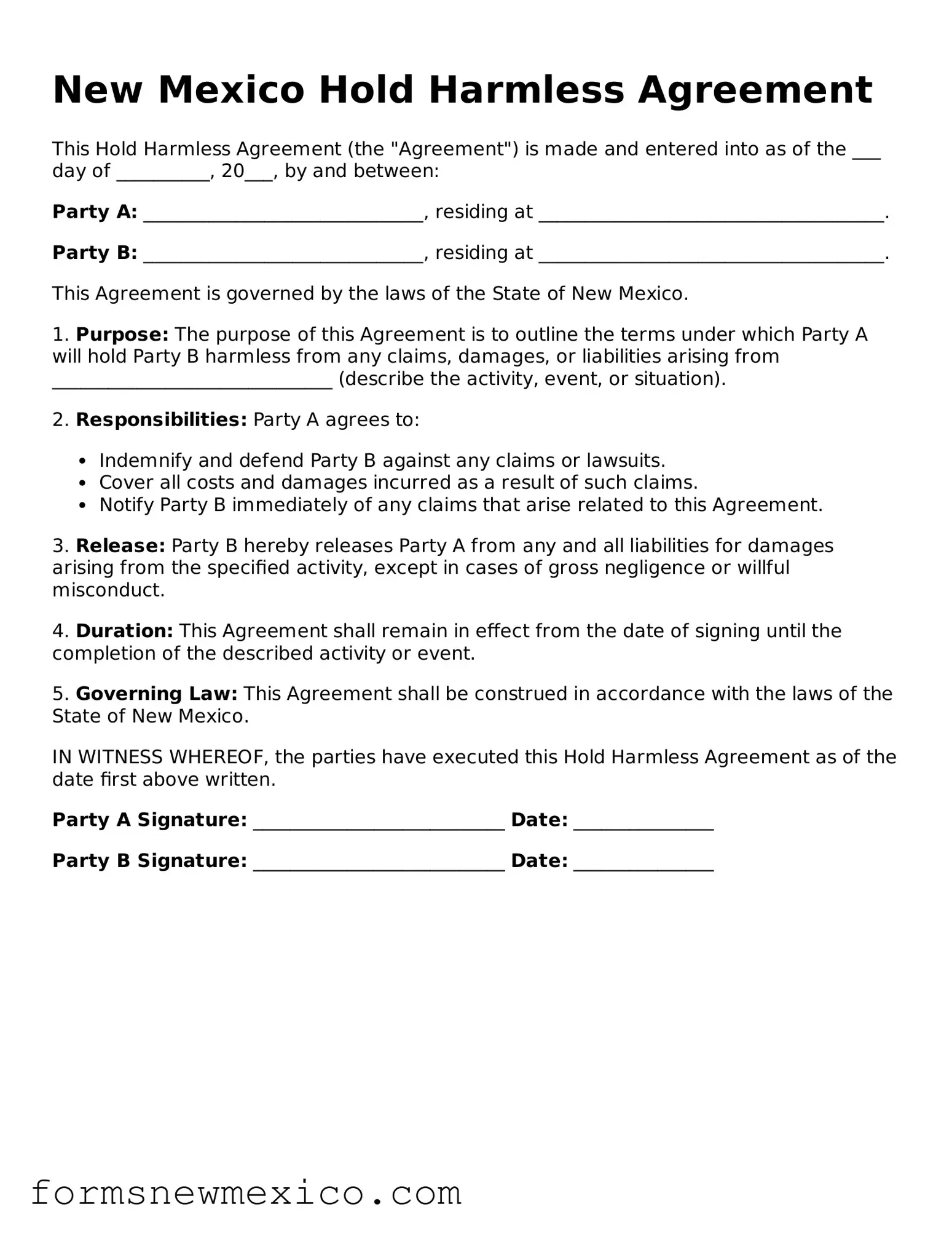 Attorney-Approved Hold Harmless Agreement Form for New Mexico State