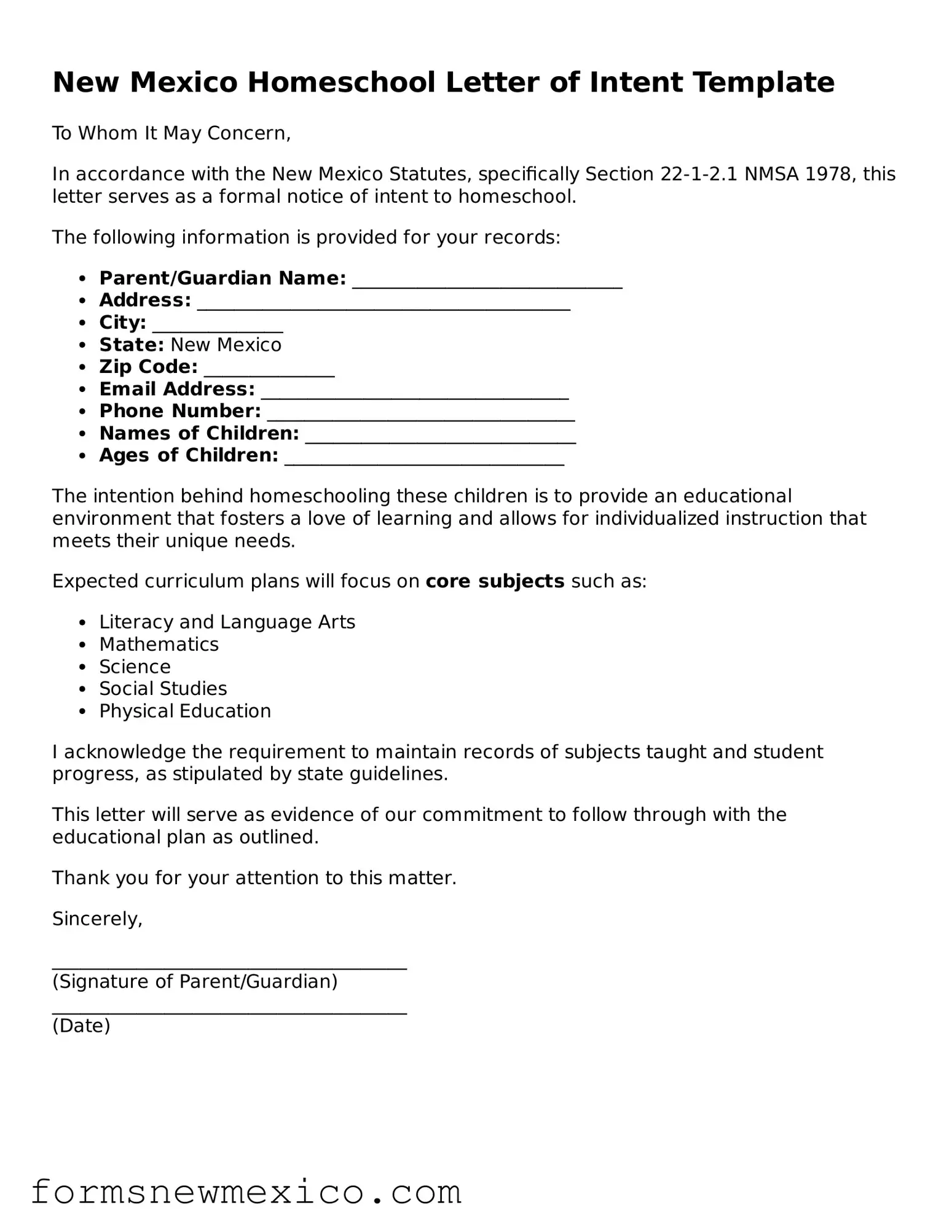 Attorney-Approved Homeschool Letter of Intent Form for New Mexico State