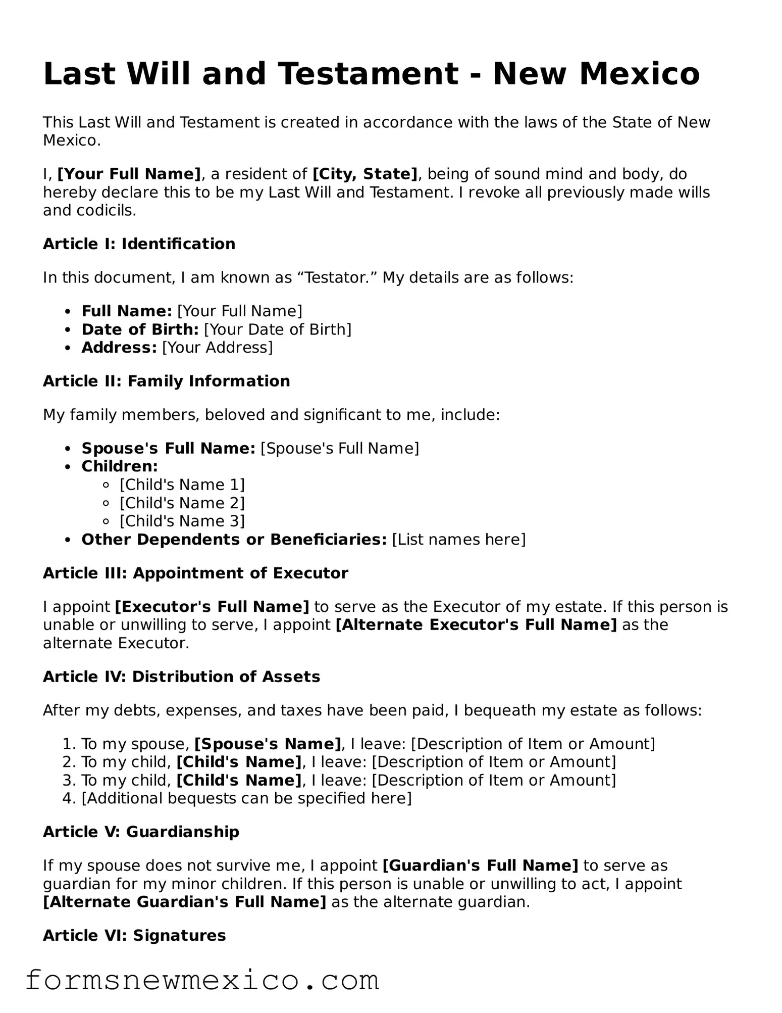 Attorney-Approved Last Will and Testament Form for New Mexico State