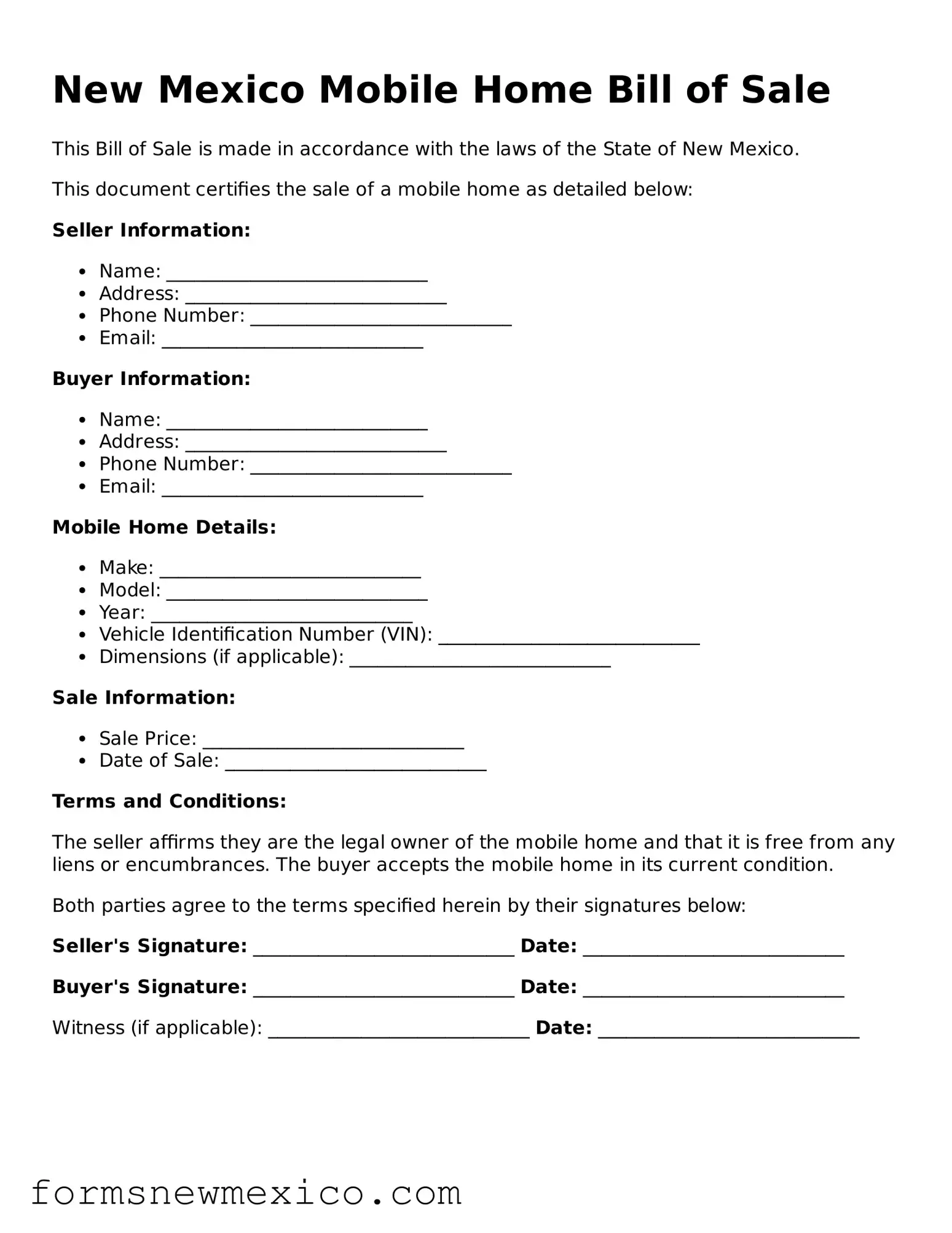 Attorney-Approved Mobile Home Bill of Sale Form for New Mexico State