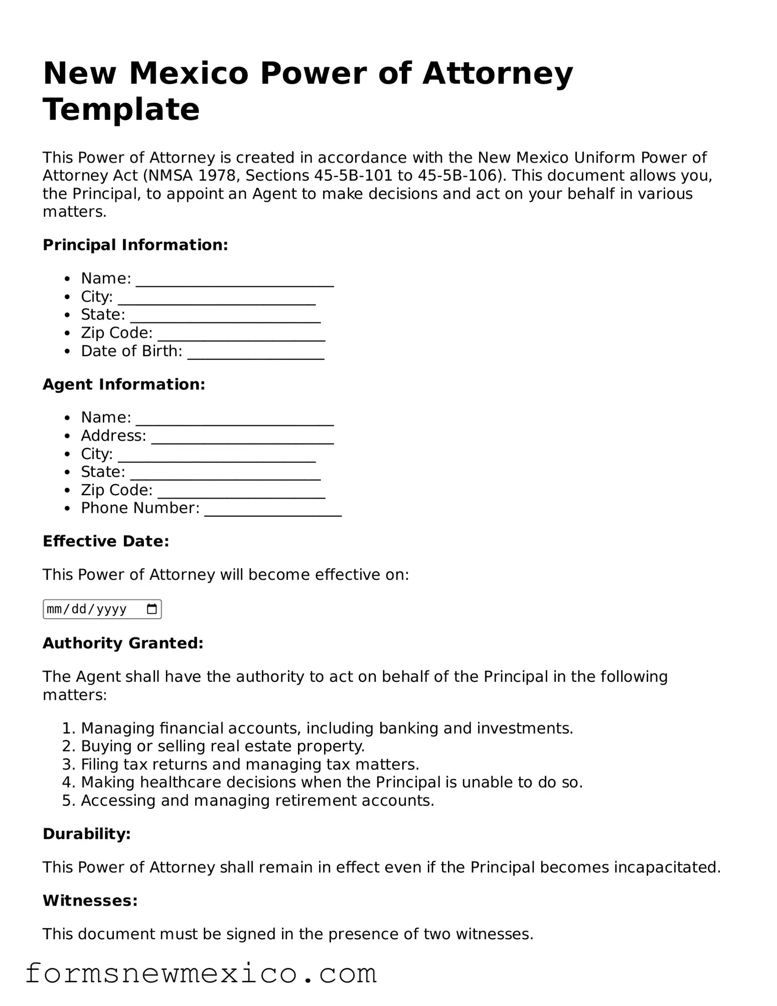Attorney-Approved Power of Attorney Form for New Mexico State