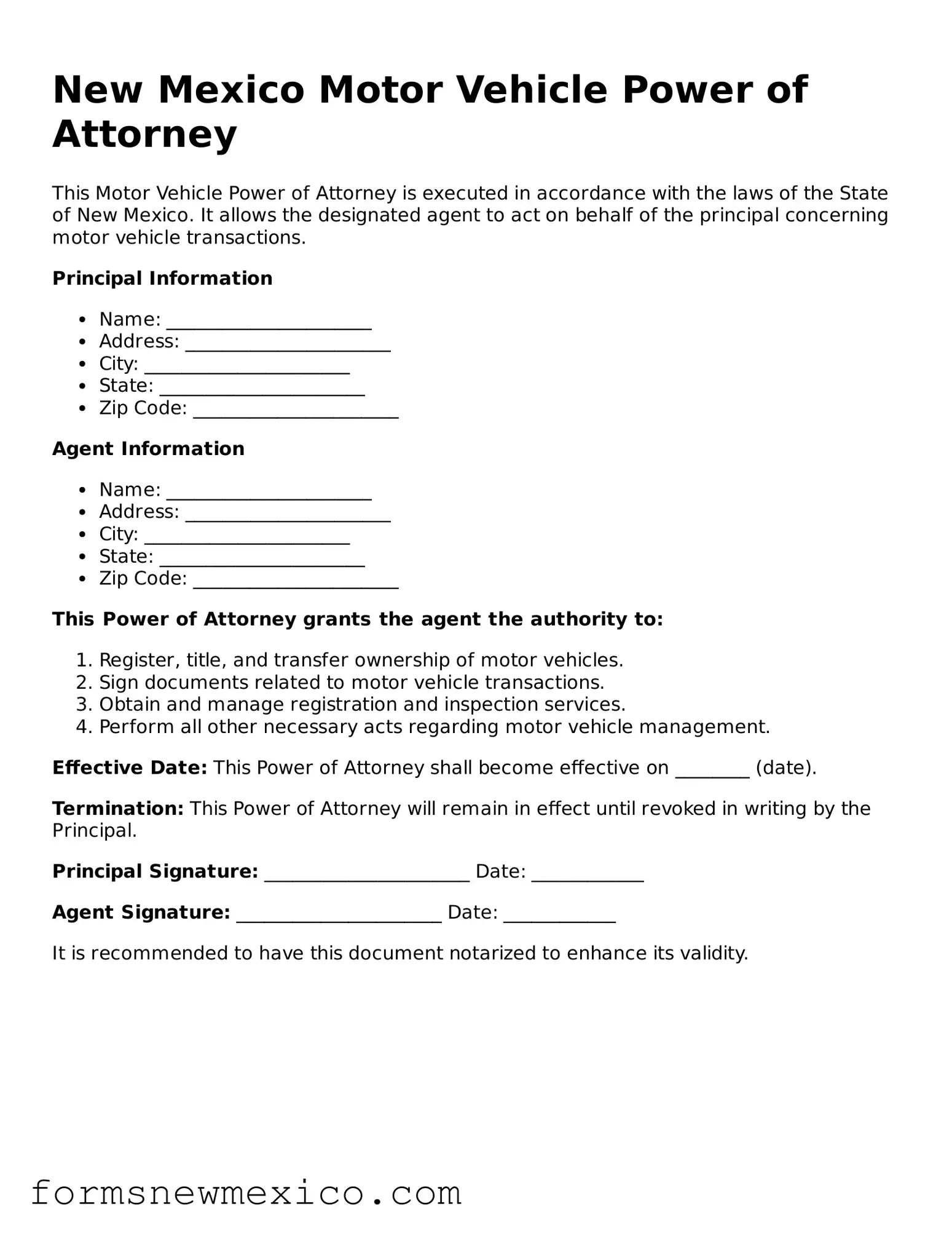 Attorney-Approved Motor Vehicle Power of Attorney Form for New Mexico State