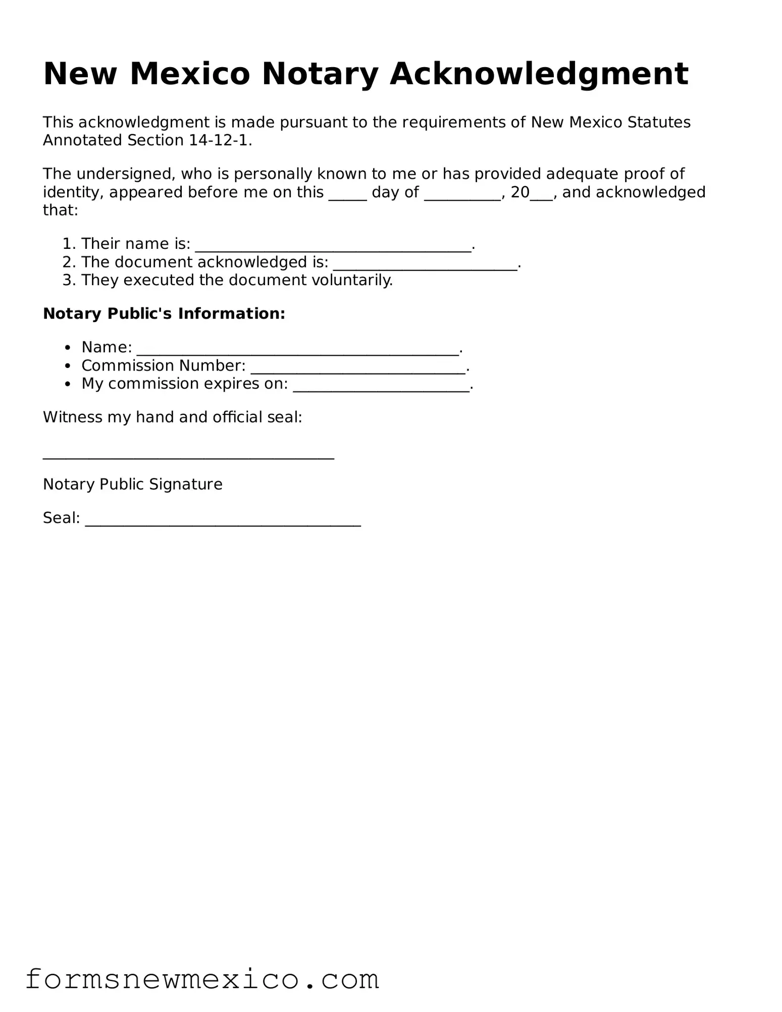 Attorney-Approved Notary Acknowledgement Form for New Mexico State