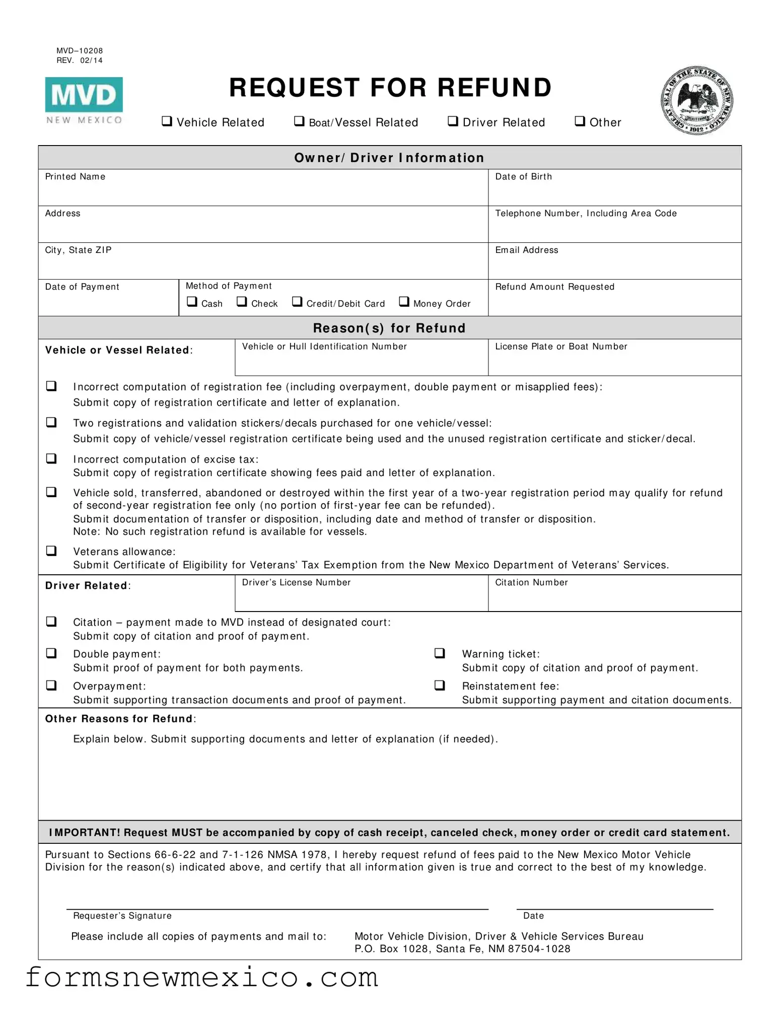 Free New Mexico Request For Refund Form