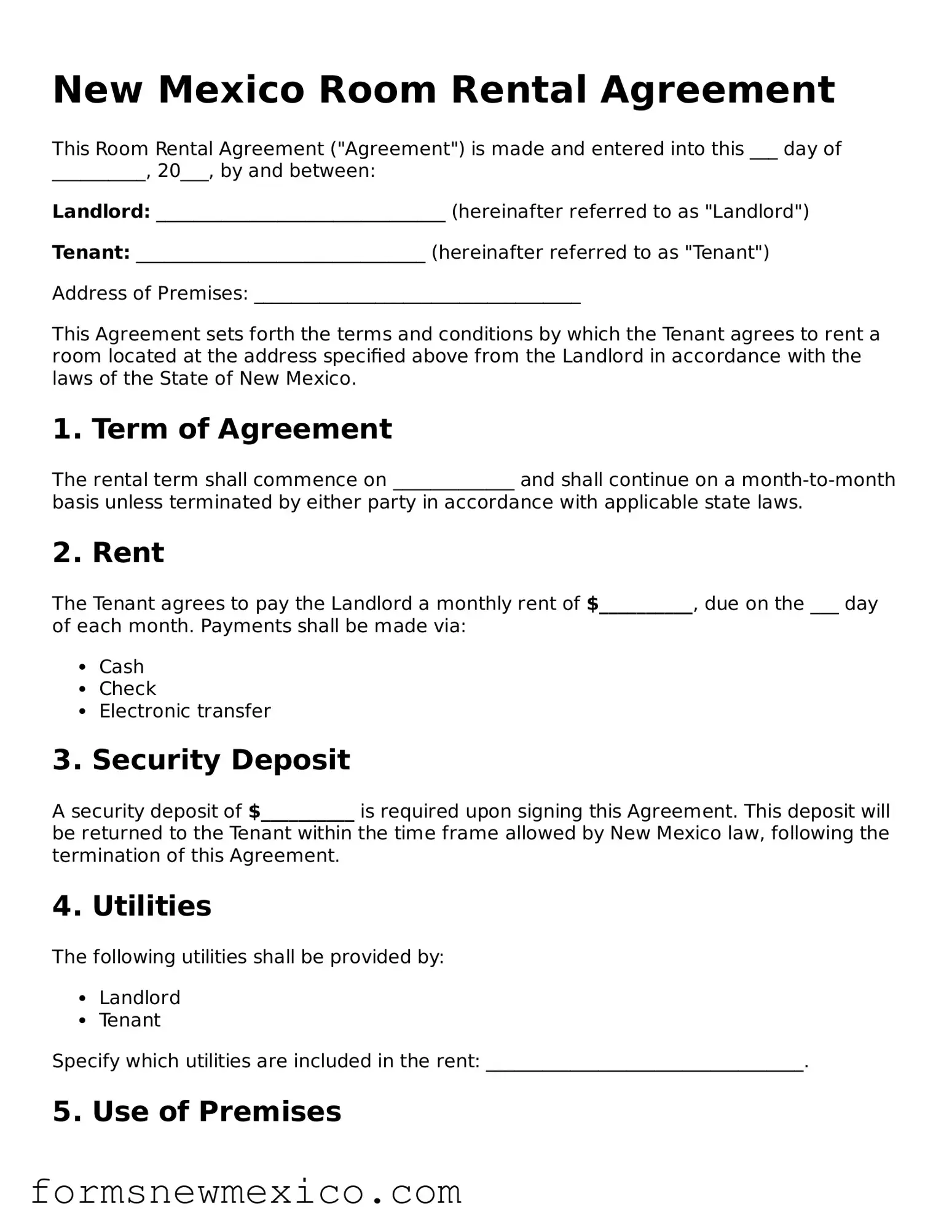 Attorney-Approved Room Rental Agreement Form for New Mexico State