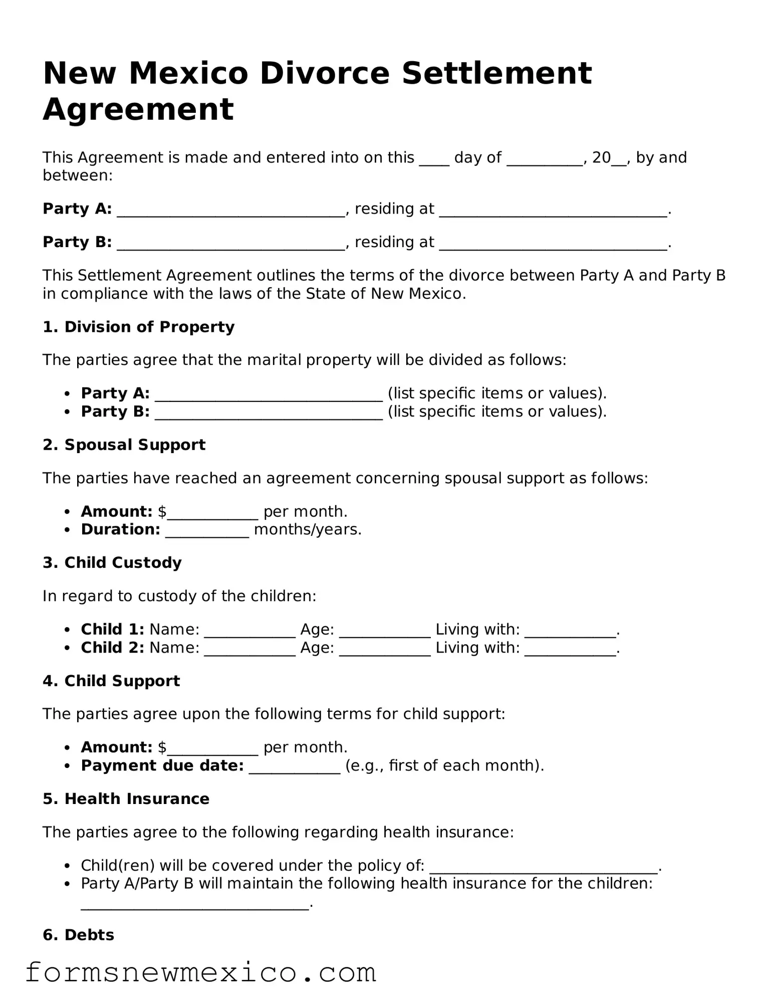 Attorney-Approved Divorce Settlement Agreement Form for New Mexico State