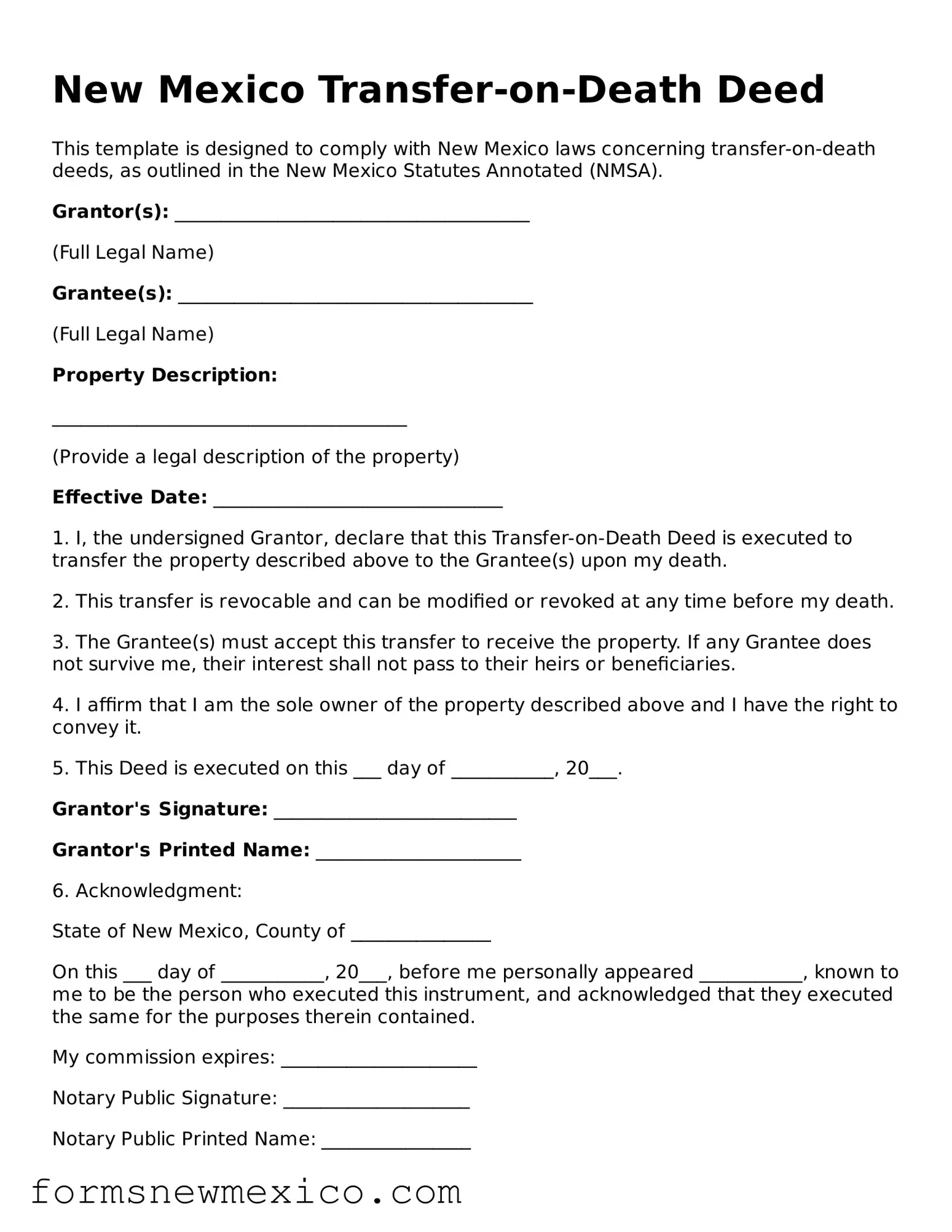 Attorney-Approved Transfer-on-Death Deed Form for New Mexico State