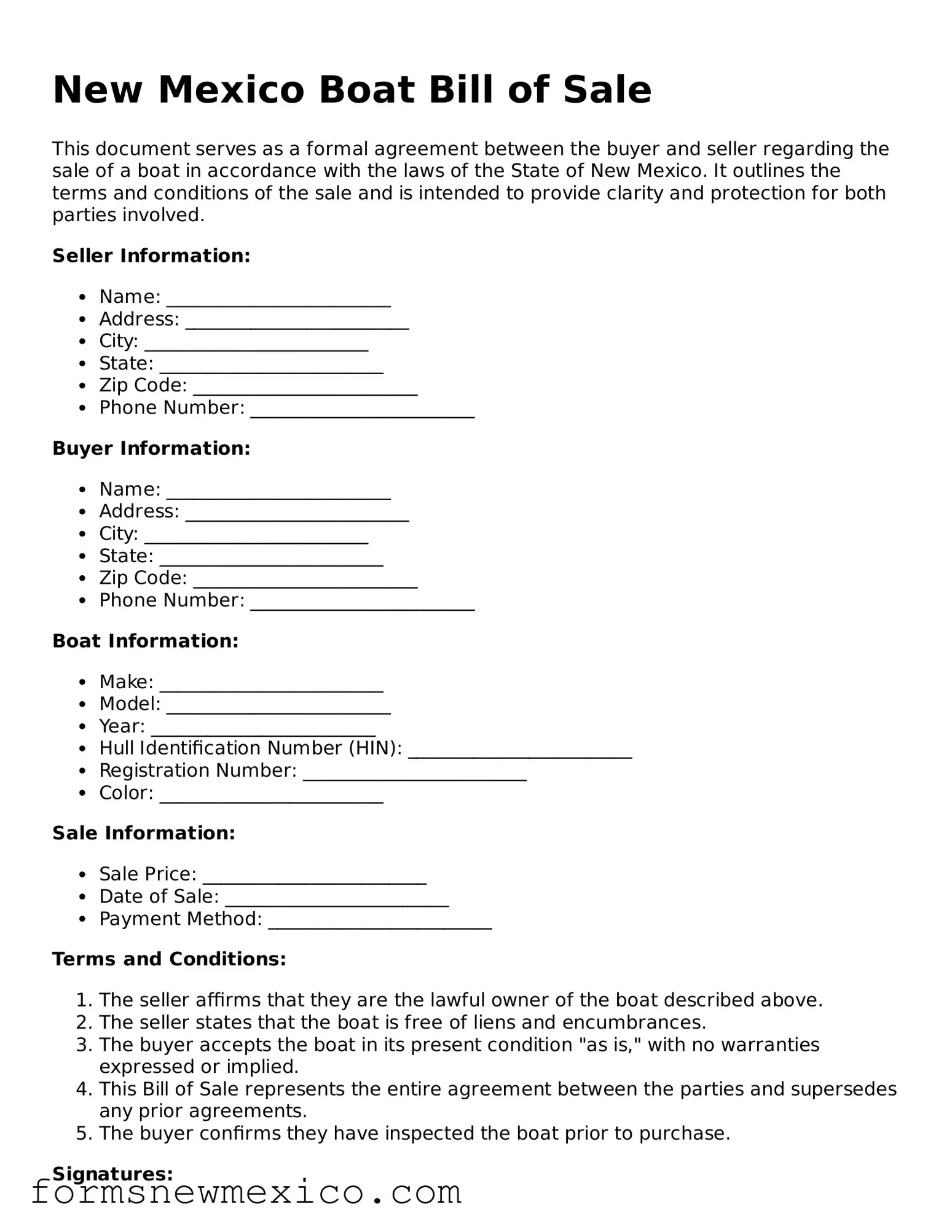 Attorney-Approved Boat Bill of Sale Form for New Mexico State