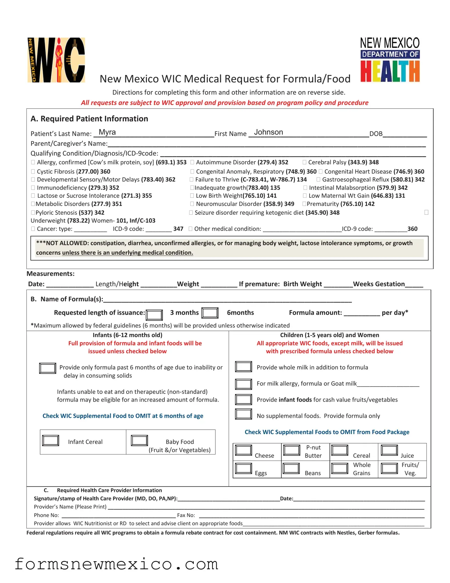 Free New Mexico Wic Prescription Form