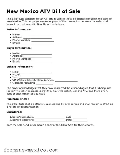 Attorney-Approved ATV Bill of Sale Form for New Mexico State