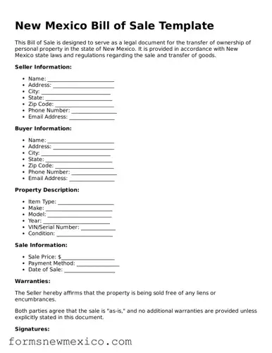 Attorney-Approved Bill of Sale Form for New Mexico State