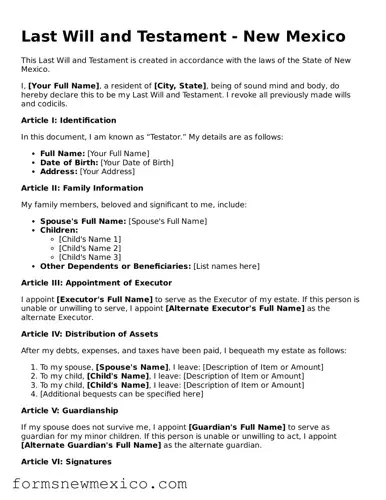 Attorney-Approved Last Will and Testament Form for New Mexico State
