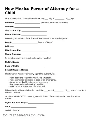 Attorney-Approved Power of Attorney for a Child Form for New Mexico State