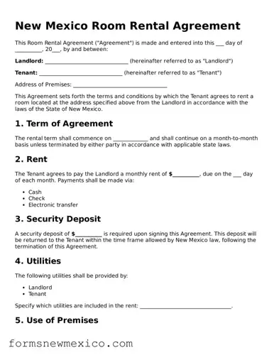 Attorney-Approved Room Rental Agreement Form for New Mexico State